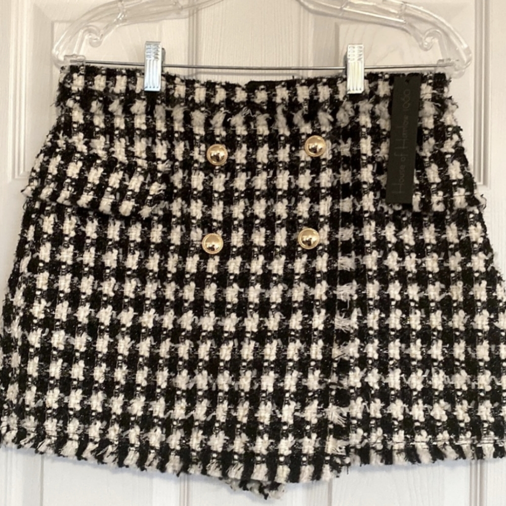House Of Harlow Metallic Houndstooth Tweed Boucle Skort Skirt